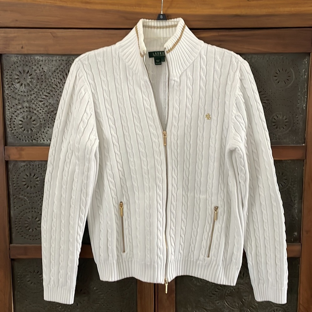 Lauren by Ralph Lauren Better Sweater Zip Front Cable Knit Cardigan Women’s Sz L